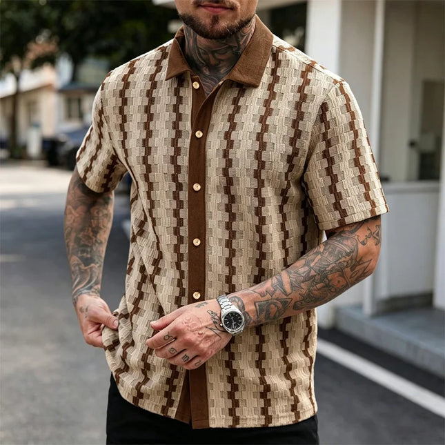 Men's Plaid Knit Short Sleeve Shirt with Lapel Collar and Button Closure