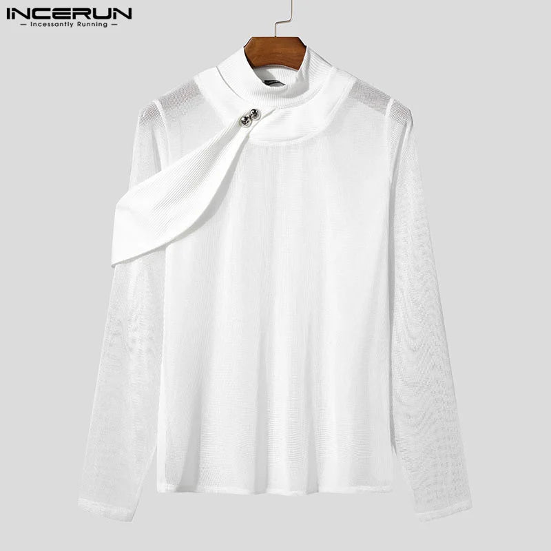 INCERUN Men's Mesh Splicing High Neck Sweater - Thin & Textured Knitwear