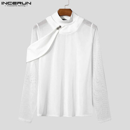 INCERUN Men's Mesh Splicing High Neck Sweater - Thin & Textured Knitwear