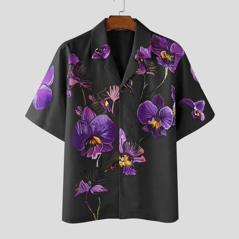 Incerun Men's Floral Print Short Sleeve Shirt with Lapel, Button-Down, Loose Fit