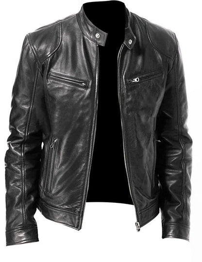 Men's Slim Fit Faux Leather Motorcycle Jacket - Short Lapel PU Coat with Zipper