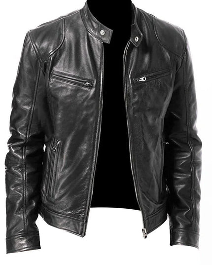 Men's Slim Fit Faux Leather Motorcycle Jacket - Short Lapel PU Coat with Zipper