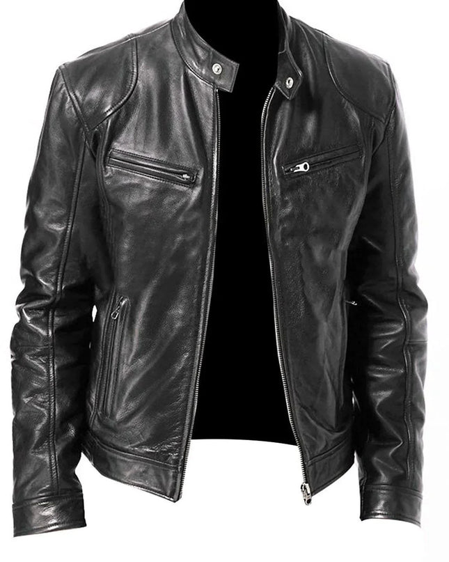 Men's Slim Fit Faux Leather Motorcycle Jacket - Short Lapel PU Coat with Zipper
