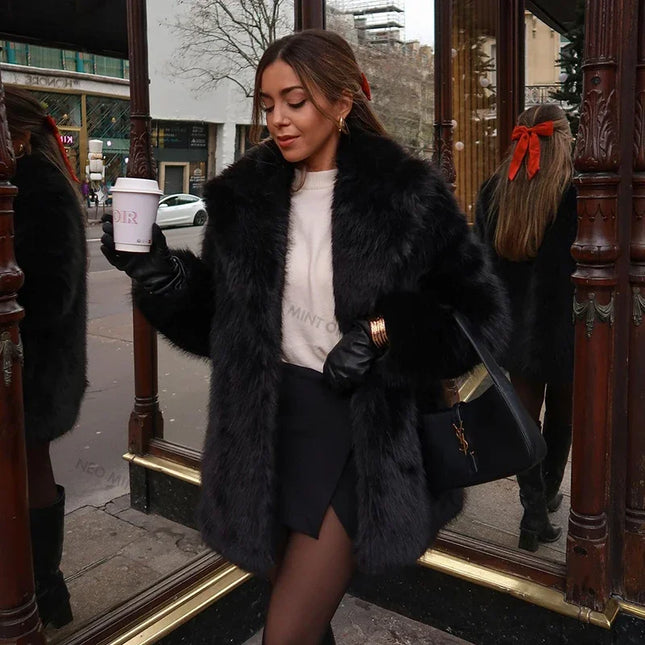 Women's Faux Fur Lapel Coat – Luxury Furry Overcoat for Women