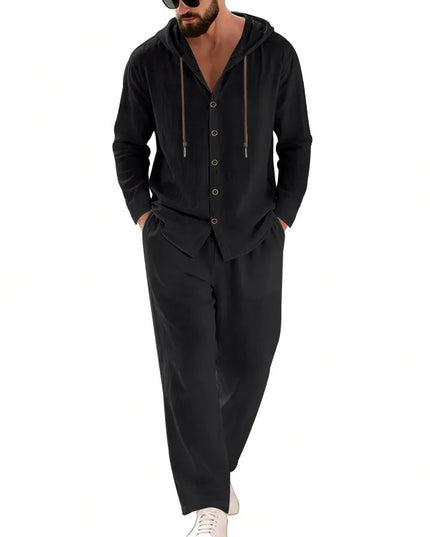 Men's 2-Piece Casual Outfit with Hooded Button-Down Shirt and Long Pants Set