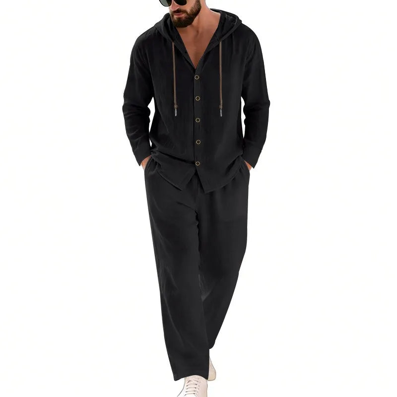 Men's 2-Piece Casual Outfit with Hooded Button-Down Shirt and Long Pants Set