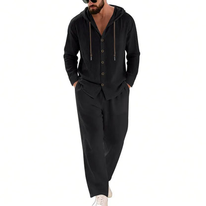 Men's 2-Piece Casual Outfit with Hooded Button-Down Shirt and Long Pants Set
