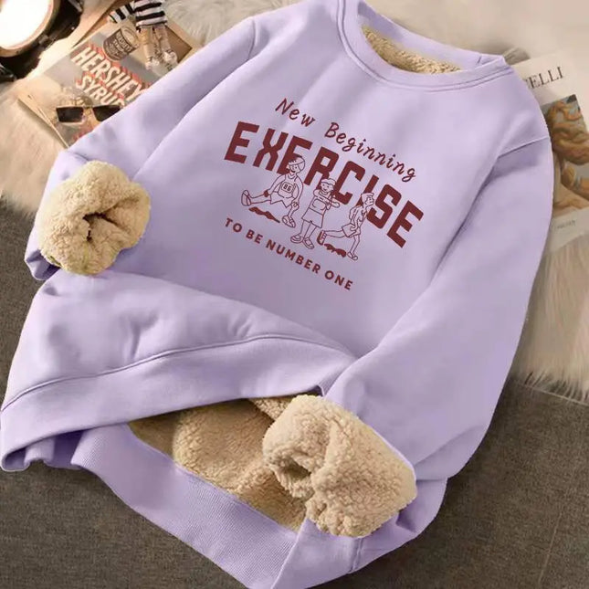 Women's Loose Fit Letter Print Plush Sweatshirt - Thick Padded Fleece
