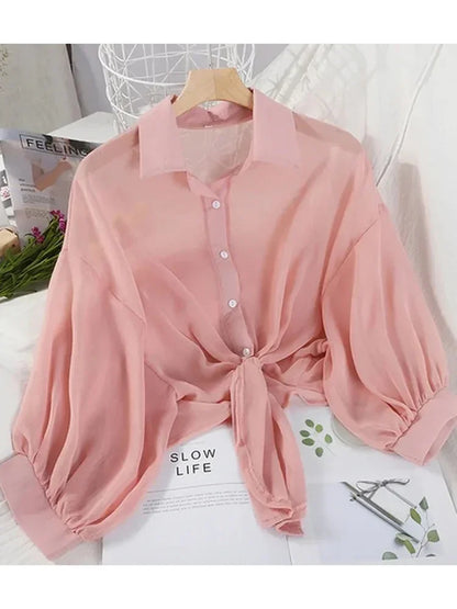 Women's Loose Tied Waist Blouse - Half Sleeve Chiffon Button-Up Shirt