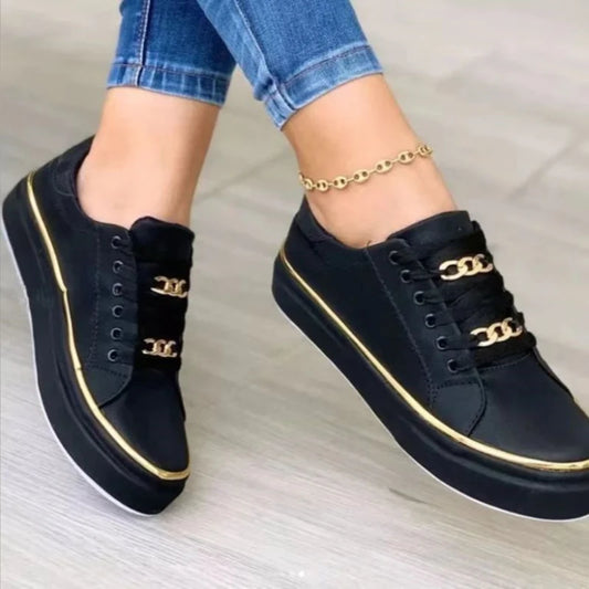 Women's Platform Low-Top Faux Leather Sneakers - Lace-Up, Non-Slip Sole