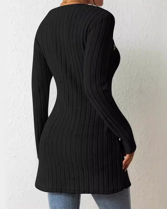 Women's Asymmetrical Hem Ribbed Casual Tunic with Button Detail