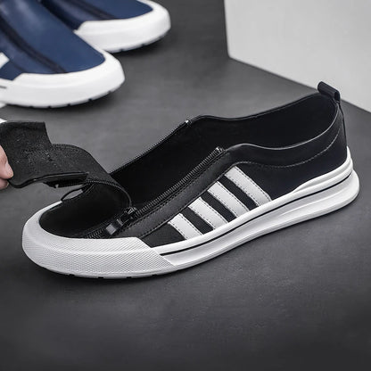 Men's Genuine Leather Zipper Flat Sneakers - Stylish Comfortable Casual Footwear