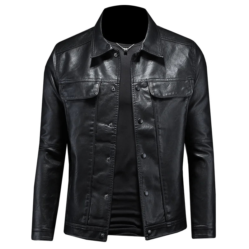 Men's Slim Fit Faux Leather Lapel Jacket - Stylish & Trendy Outerwear