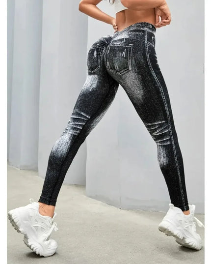 Women’s High-Waisted Seamless Denim-Print Yoga Leggings