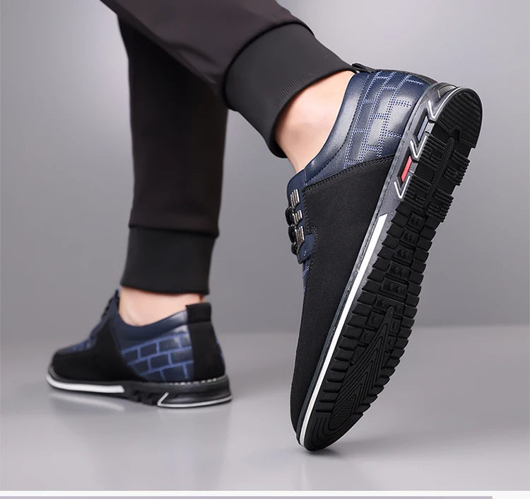 Men's Grid Pattern Leather Shoes – Breathable, Soft Leather Upper with Durable Rubber Sole