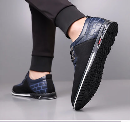 Men's Grid Pattern Leather Shoes – Breathable, Soft Leather Upper with Durable Rubber Sole