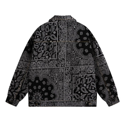 Men's Paisley Print Denim Jacket - Loose Fit Bandana Style Casual Outerwear