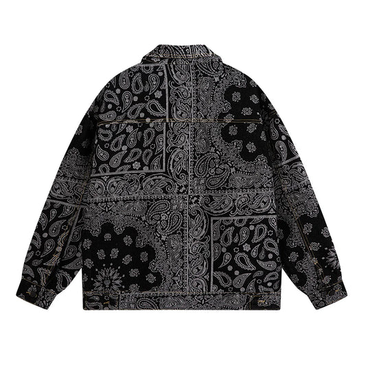 Men's Paisley Print Denim Jacket - Loose Fit Bandana Style Casual Outerwear