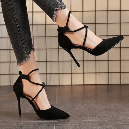 Women's Suede High Heels Roman Sandals with Cross Strap & Buckle Closure