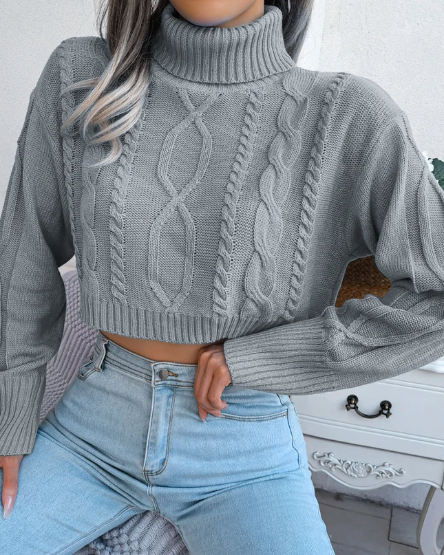 Women’s Long Sleeve Turtleneck Sweater – Casual Knitted Cropped Top