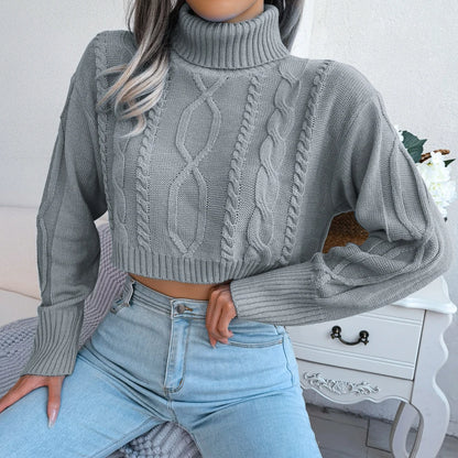 Women’s Long Sleeve Turtleneck Sweater – Casual Knitted Cropped Top