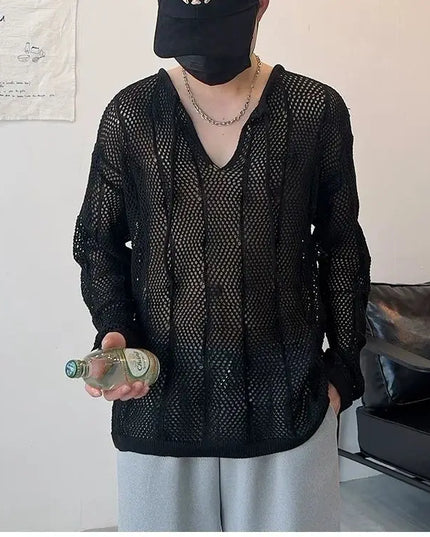 Men's Thin Hollow V-Neck Sweater - Loose Fit, Long-Sleeved