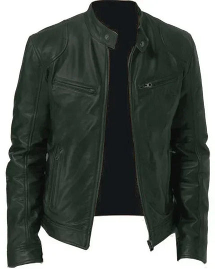 Men's Slim Fit Faux Leather Motorcycle Jacket - Short Lapel PU Coat with Zipper