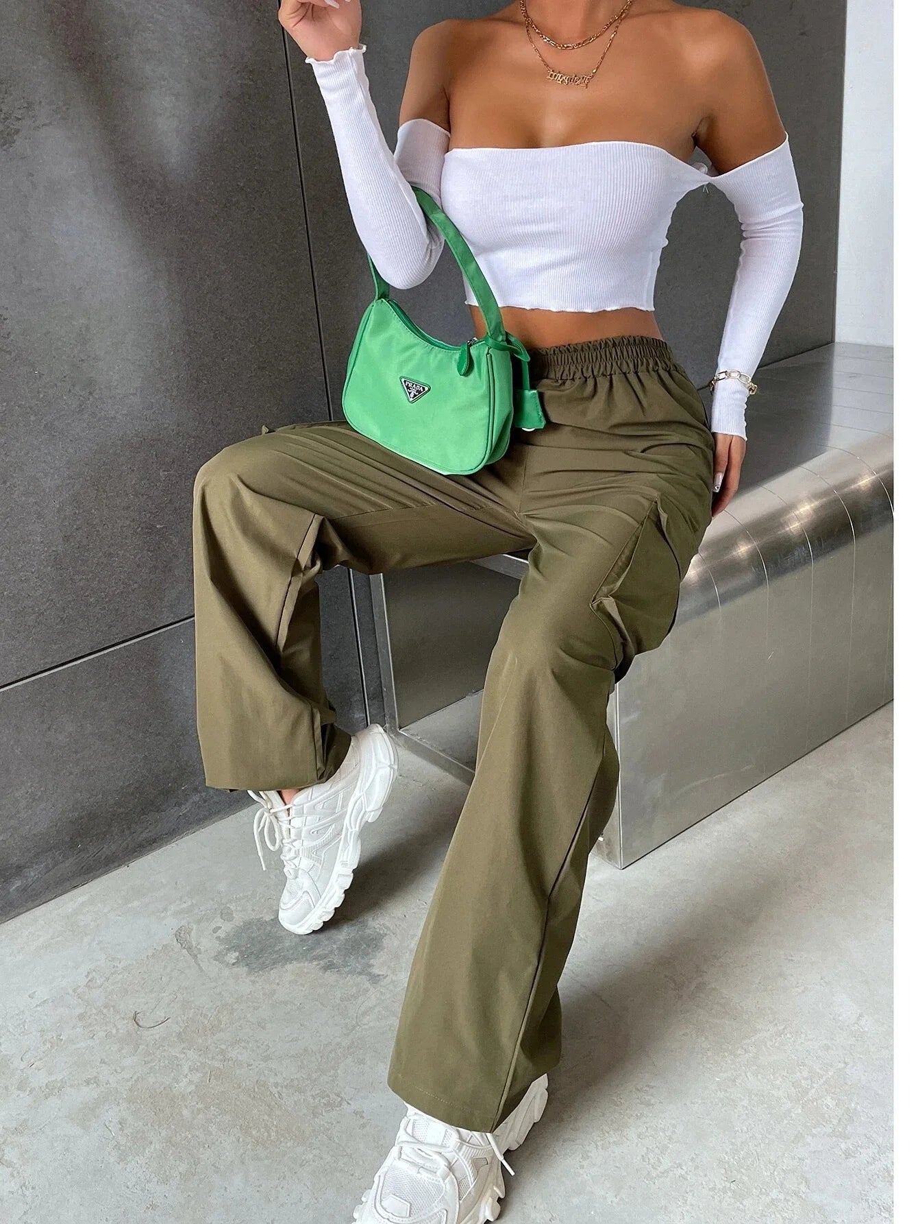 Women’s Baggy Cargo Pants - Casual Straight Fit, Elastic High Waist