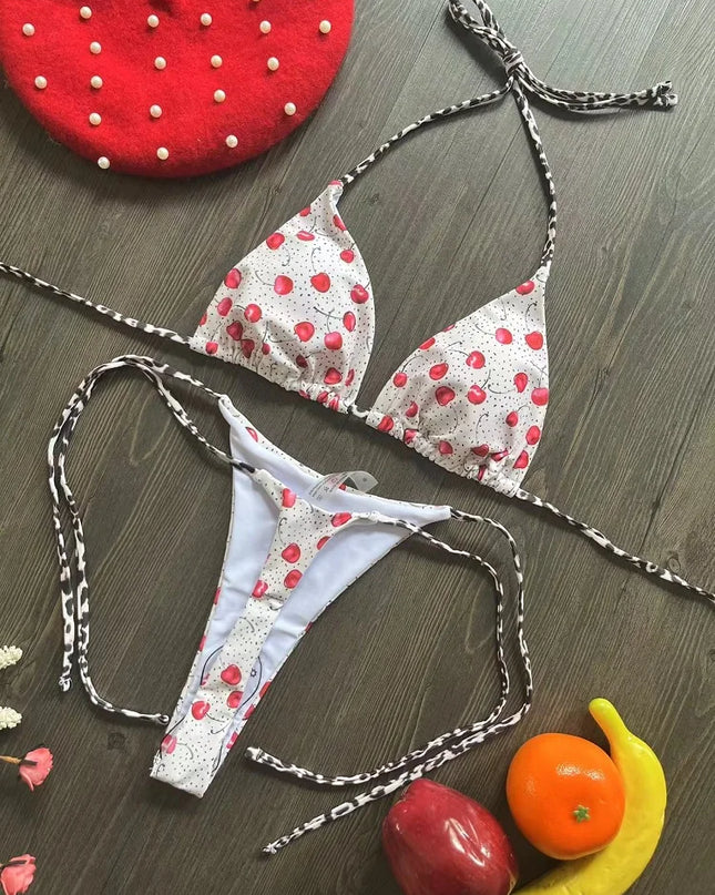 Women's Cherry Print Brazilian Thong Bikini Set - Two Piece
