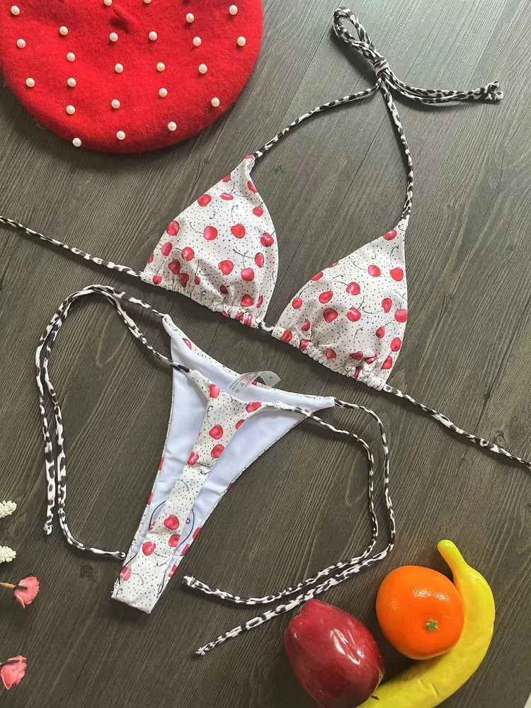 Women's Cherry Print Brazilian Thong Bikini Set - Two Piece