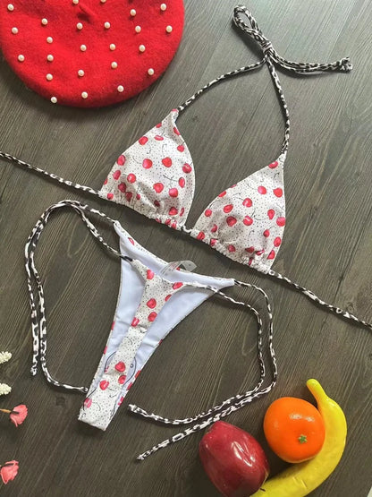 Women's Cherry Print Brazilian Thong Bikini Set - Two Piece
