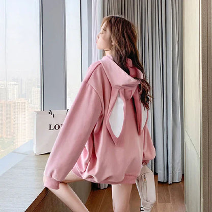 Women’s Fleece Thicken Hooded Pullover Sweater with Rabbit Ear Design