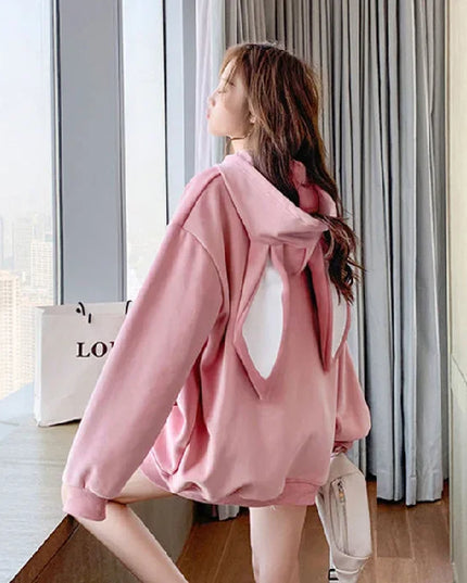 Women’s Fleece Thicken Hooded Pullover Sweater with Rabbit Ear Design