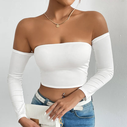 Women's Casual Long Sleeve Off-Shoulder Crop Top