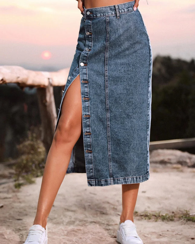 Elegant Women's Denim Skirt - High Waist Button Skirt with Side Split