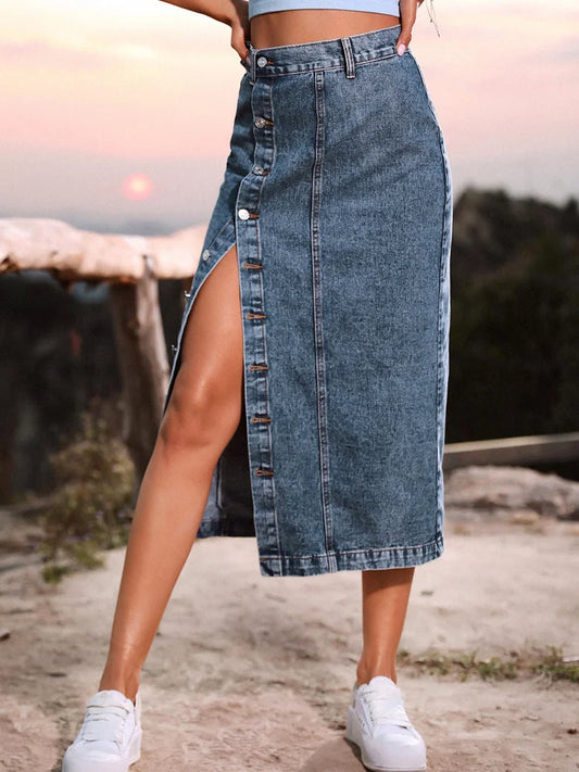 Elegant Women's Denim Skirt - High Waist Button Skirt with Side Split