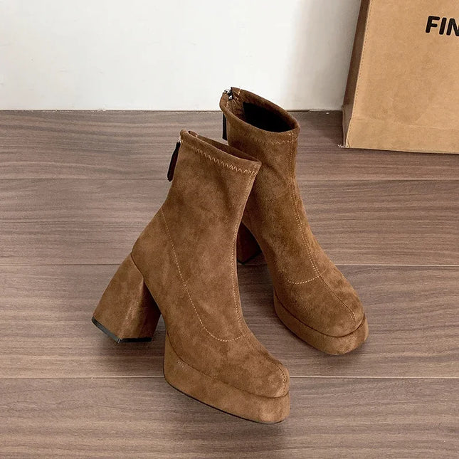 Ohmmayby Stylish Women’s Ankle Boots with Platform Square High Heels