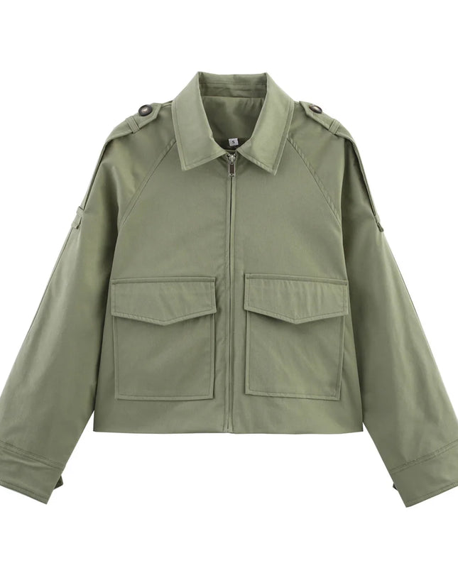 Women's Long Sleeve Casual Jacket with Front Zip Pockets
