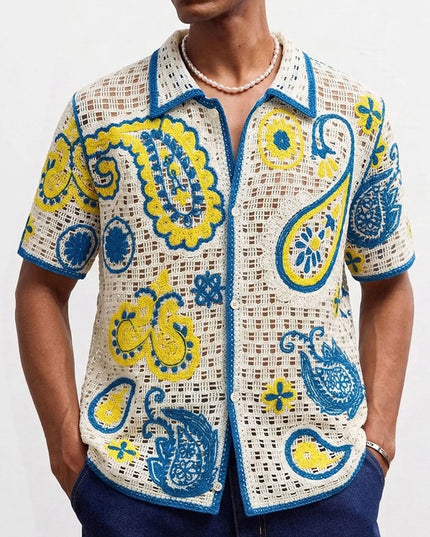 Men's Crochet Short Sleeve Casual Button-Down Shirt