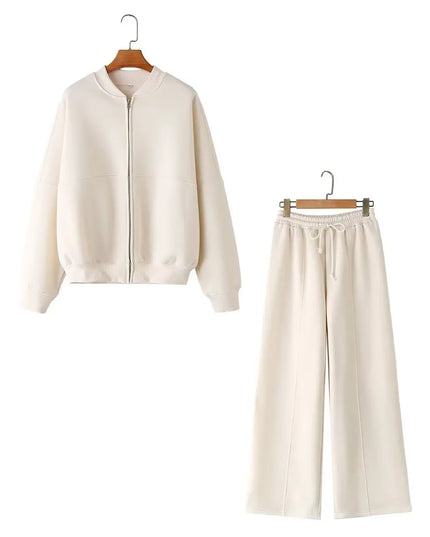 TRAFZA Women's 2-Piece Retro Zipper Jacket & High-Waisted Lace-Up Loose Pants Set