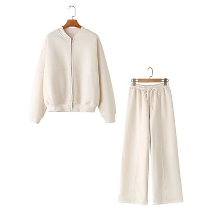 TRAFZA Women's 2-Piece Retro Zipper Jacket & High-Waisted Lace-Up Loose Pants Set