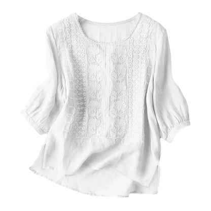 Women's Cotton Linen T Shirts Lace Crochet Embroidery Blouses Round Neck 3/4 Sleeve Casual Tops Thin Breathable Shirts Clothes