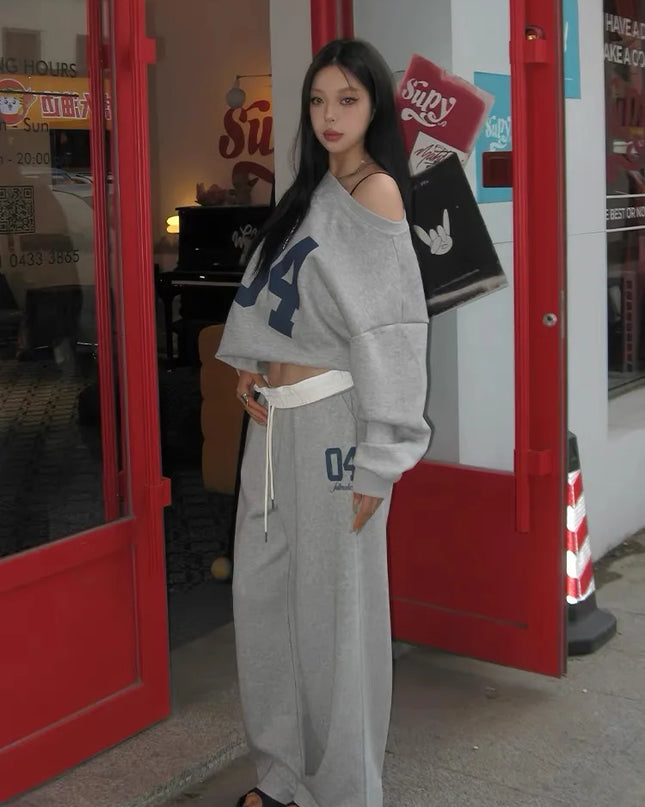Women's Casual 2-Piece Outfit Set - Oversized Letter Print Off-Shoulder Sweater & Pants Se