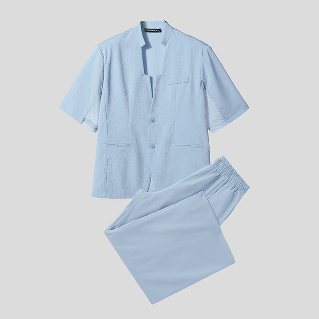 INCERUN Men's Two-Piece V-Neck Short Sleeve Blazer & Pants Set