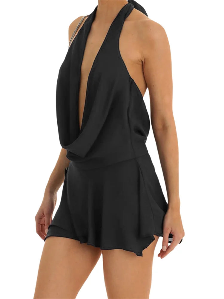 Women's Short Sling Dress - Halter Neck, Low Cut, Backless Chiffon Dress