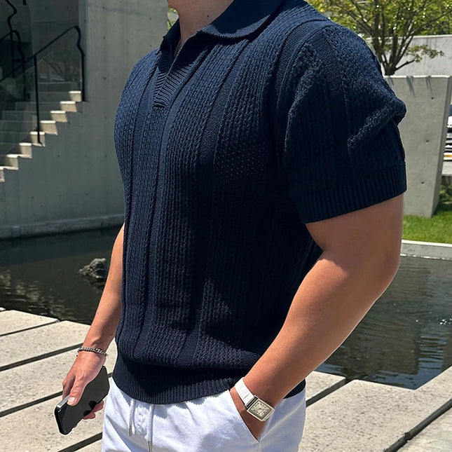 Men's Slim Fit Knitted Short Sleeve Mesh Polo Shirt with Lapel