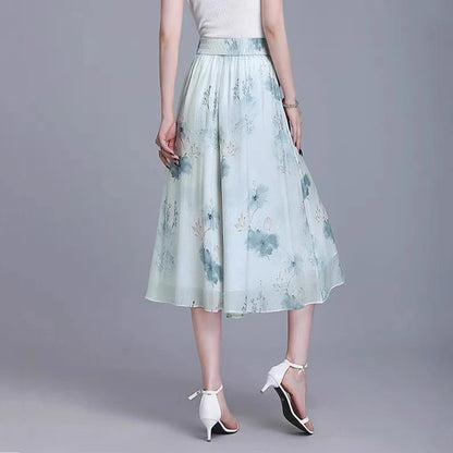 Women's Floral Maxi Skirt - High Elastic Waist, Loose Wide Leg Design