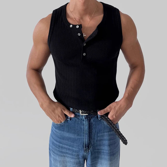 Men's Slim Fit Elastic Breathable Crew Neck Button Ribbed Vest