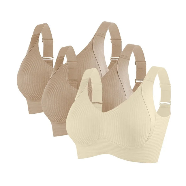 3-Piece Women's Non-Wire Push-Up Bra Set with Seamless Ribbed Design