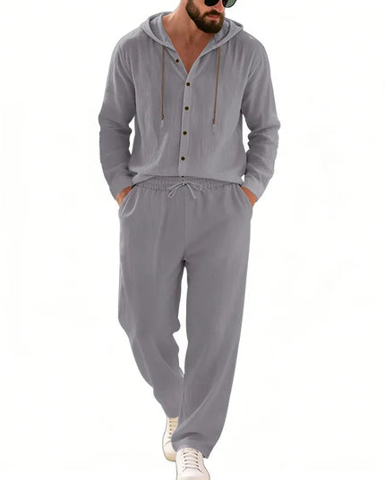 Men's 2-Piece Casual Outfit with Hooded Button-Down Shirt and Long Pants Set